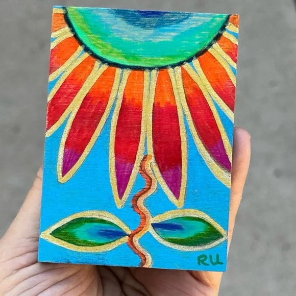 ACEO Miniature painting and magnet. Handmade whimsical flower with mini easel - Picture 3 of 4